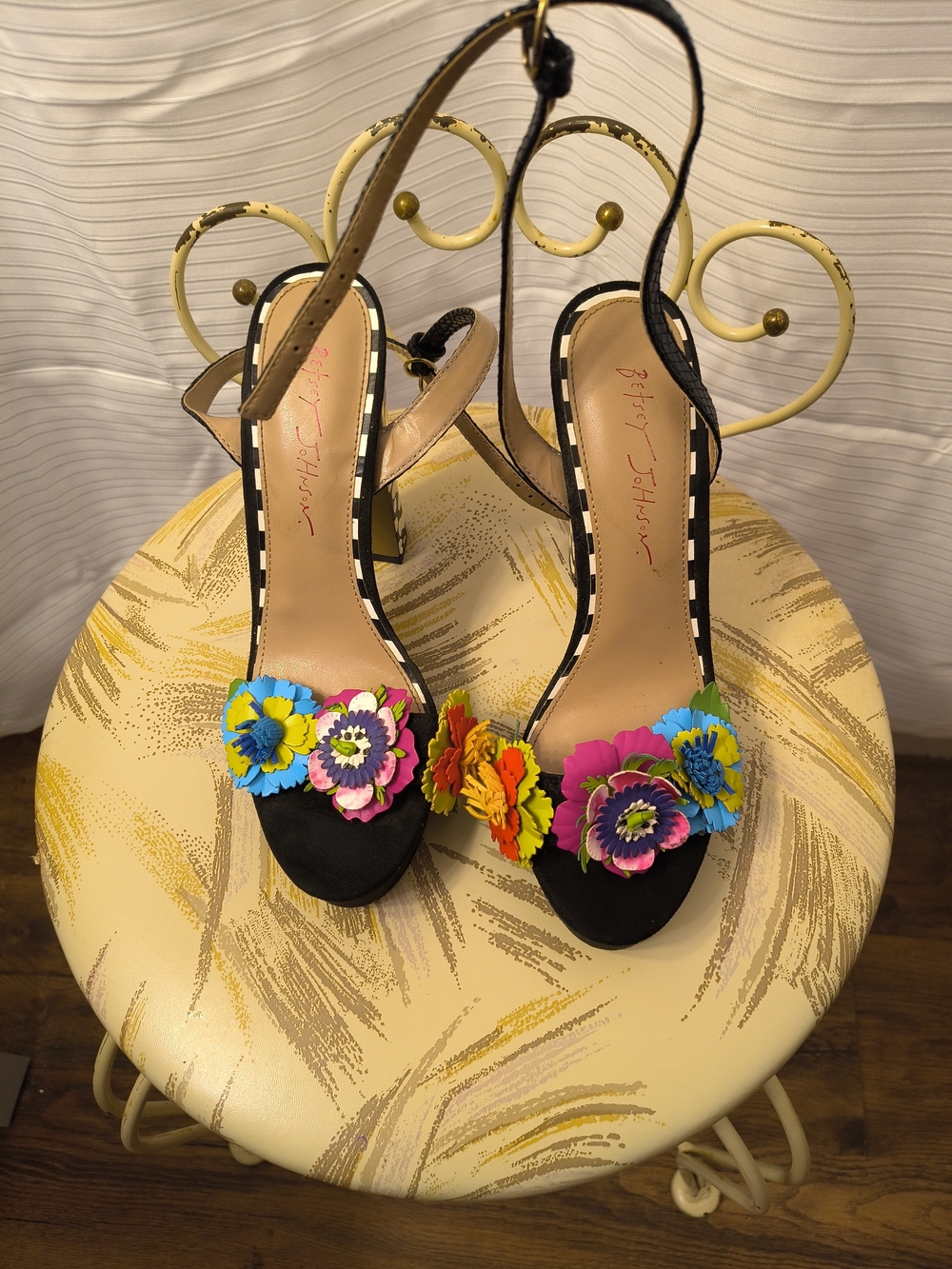 Betsey Johnson Black Slingback Heels with Multicolor Floral Appliqués